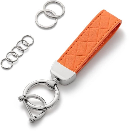 Sostegno per chiavi in legno con anello e cinturino in arancione per signorine