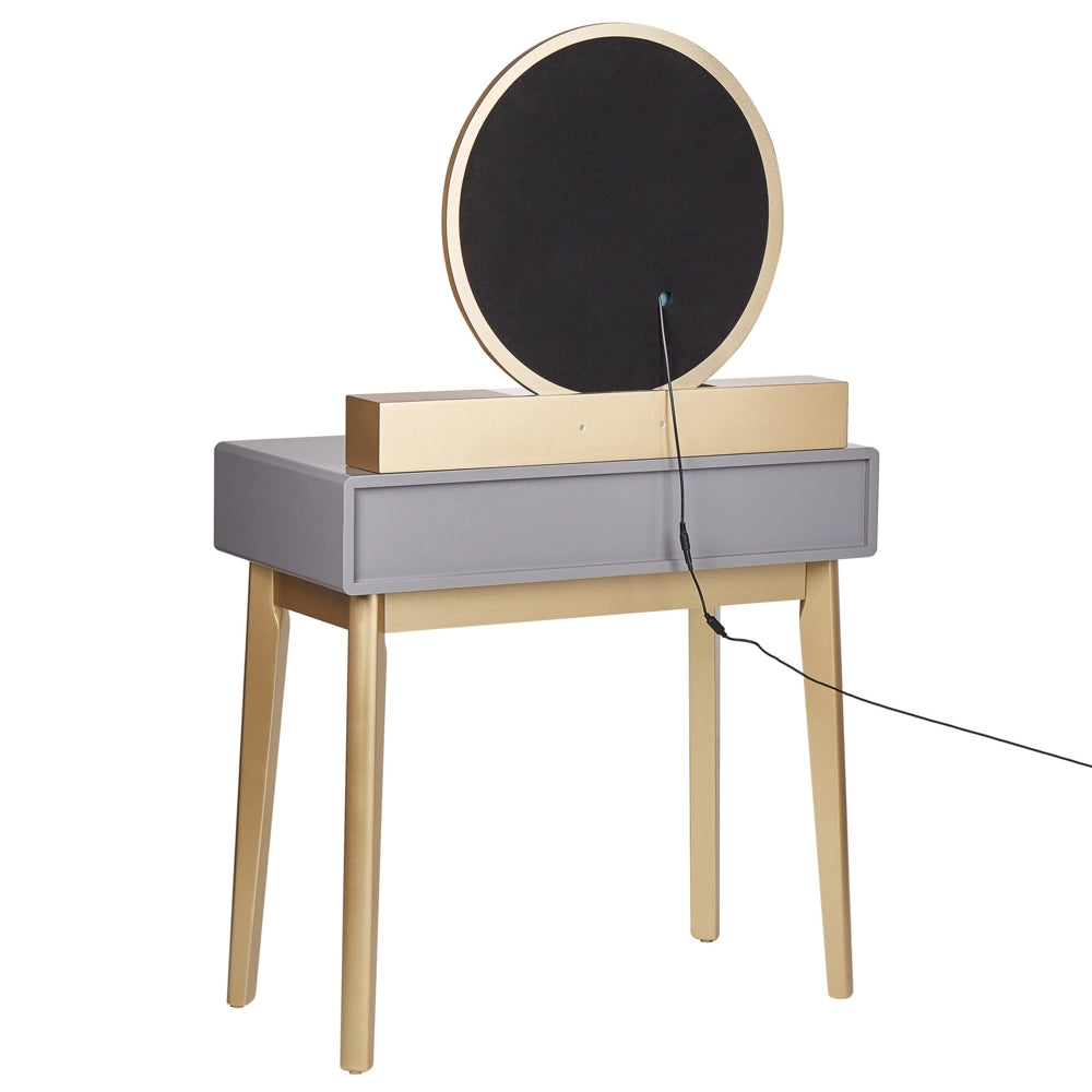 Toeletta in legno MDF e poliestere 4 cassetti grigia e dorata con sgabello e specchio LED camera da letto soggiorno