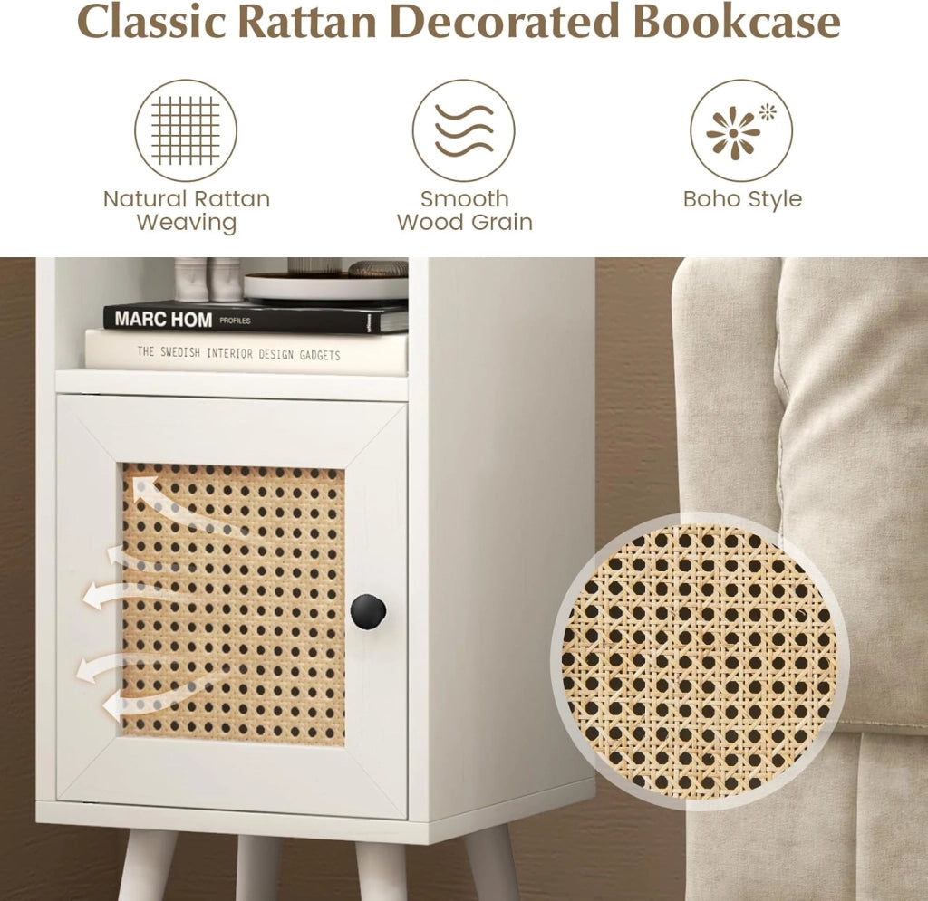 Armadio autoportante con anta in rattan, mobile a colonna con ripiano regolabile, libreria a piedi con dispositivo anti-ribaltamento, per soggiorno, sala studio (bianco)