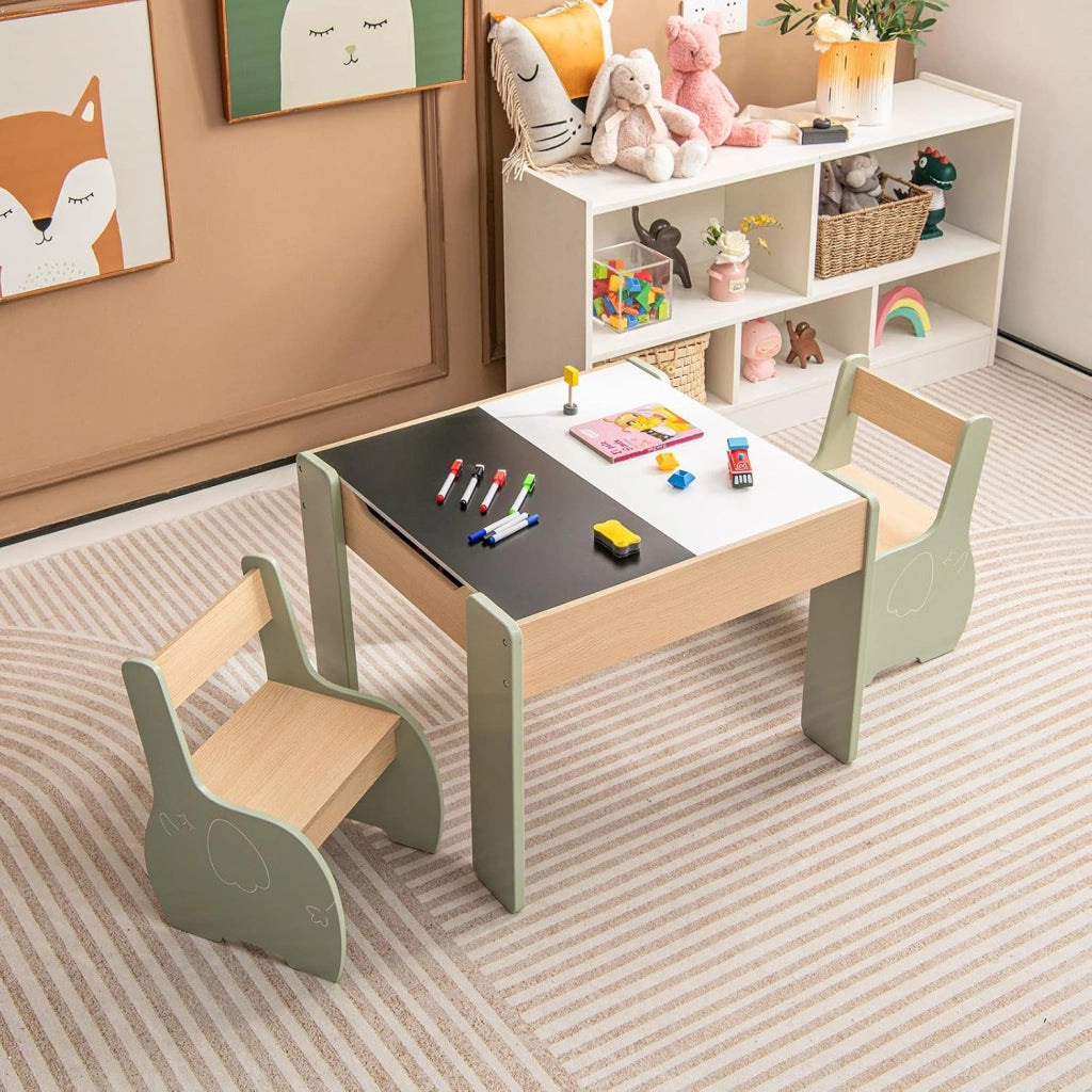 3 in 1 Set Tavolo e Sedie per Bambini, Tavolo da Attività per Bambini con 2 Sedie, Lavagna Rimovibile e Deposito, per Giocare, Disegnare e Leggere, in Legno (Verde)