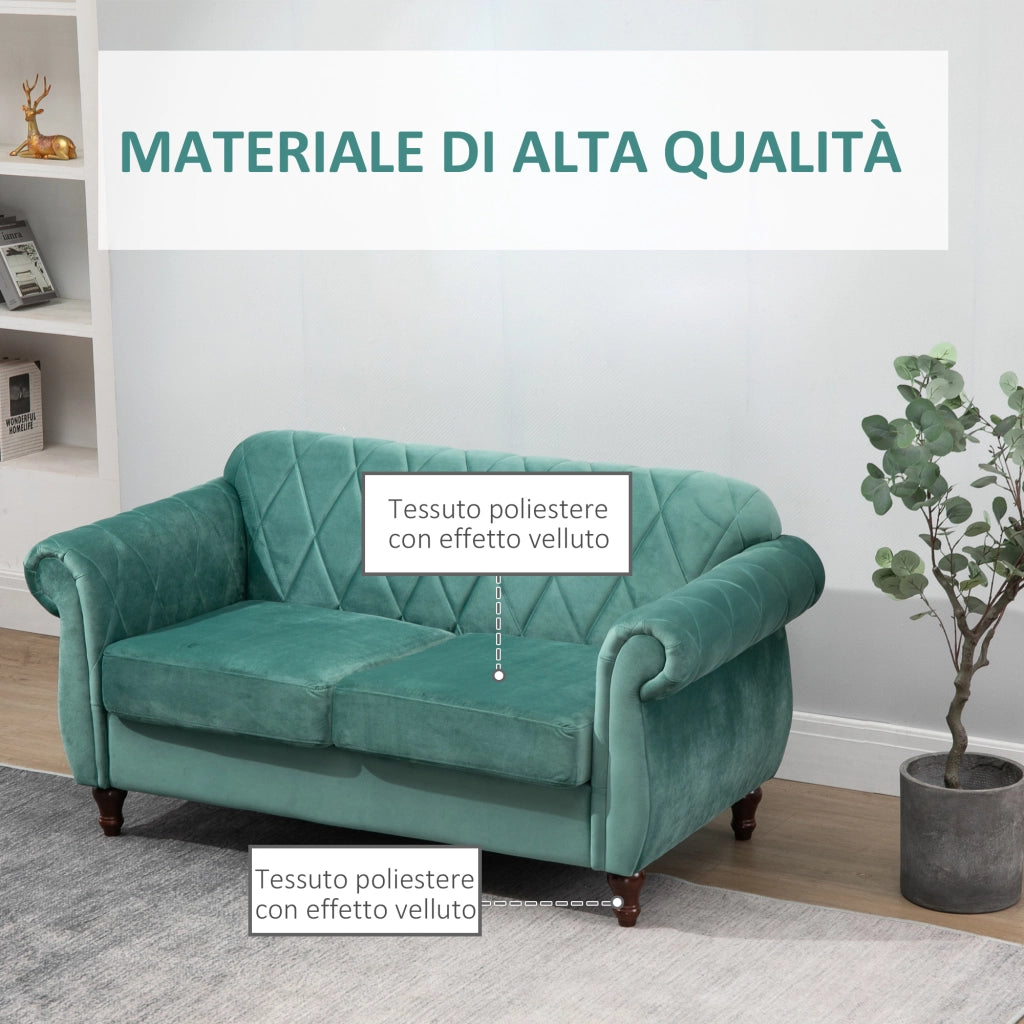 EasyComfort Divano 2 Posti Design Vintage Rétro in Legno e Velluto, 148 x 72 x 76 cm, Verde