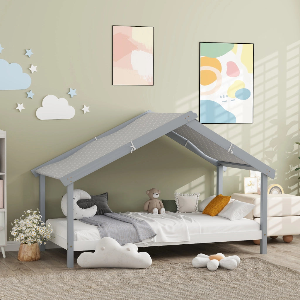 Letto a Casetta Montessori per Bambini con Tetto Stellato ¨C zephmum ¨C 90x190 cm, Grigio, Legno di Pino