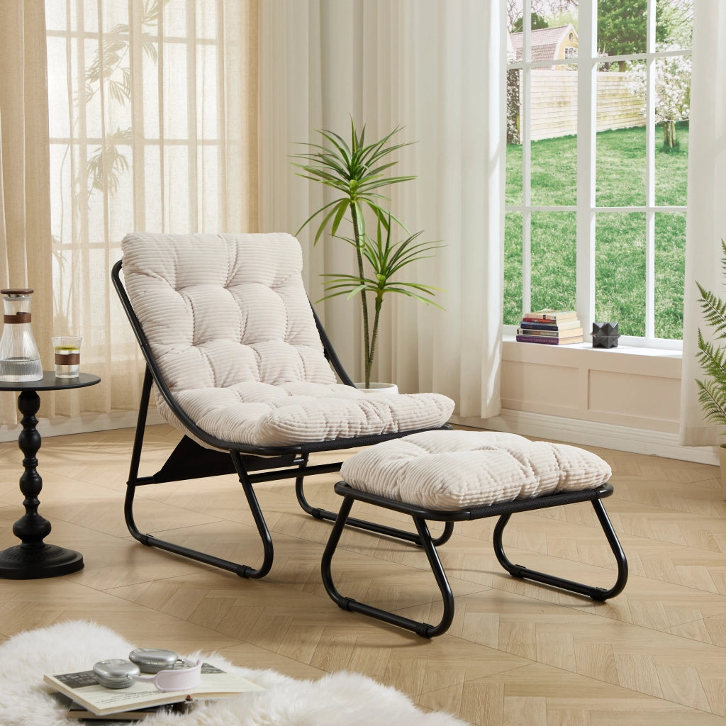 Poltrona da Esterno con Poggiapiedi Reclinabile; Design Curvo; Seduta Traspirante con Cuscino; Acciaio Nero e Bianco
