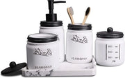 Set di accessori da bagno con contenitori in vetro - 5 pezzi, nero e bianco - set di dispensatori per sapone e crema, 2 vasi da farmacia, 1 supporto per spazzolino da denti, 1 dispensatore per sapone, 1 tavolino per bagno