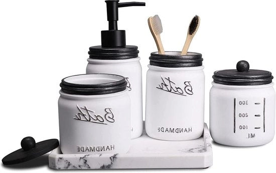 Set di accessori da bagno con contenitori in vetro - 5 pezzi, nero e bianco - set di dispensatori per sapone e crema, 2 vasi da farmacia, 1 supporto per spazzolino da denti, 1 dispensatore per sapone, 1 tavolino per bagno
