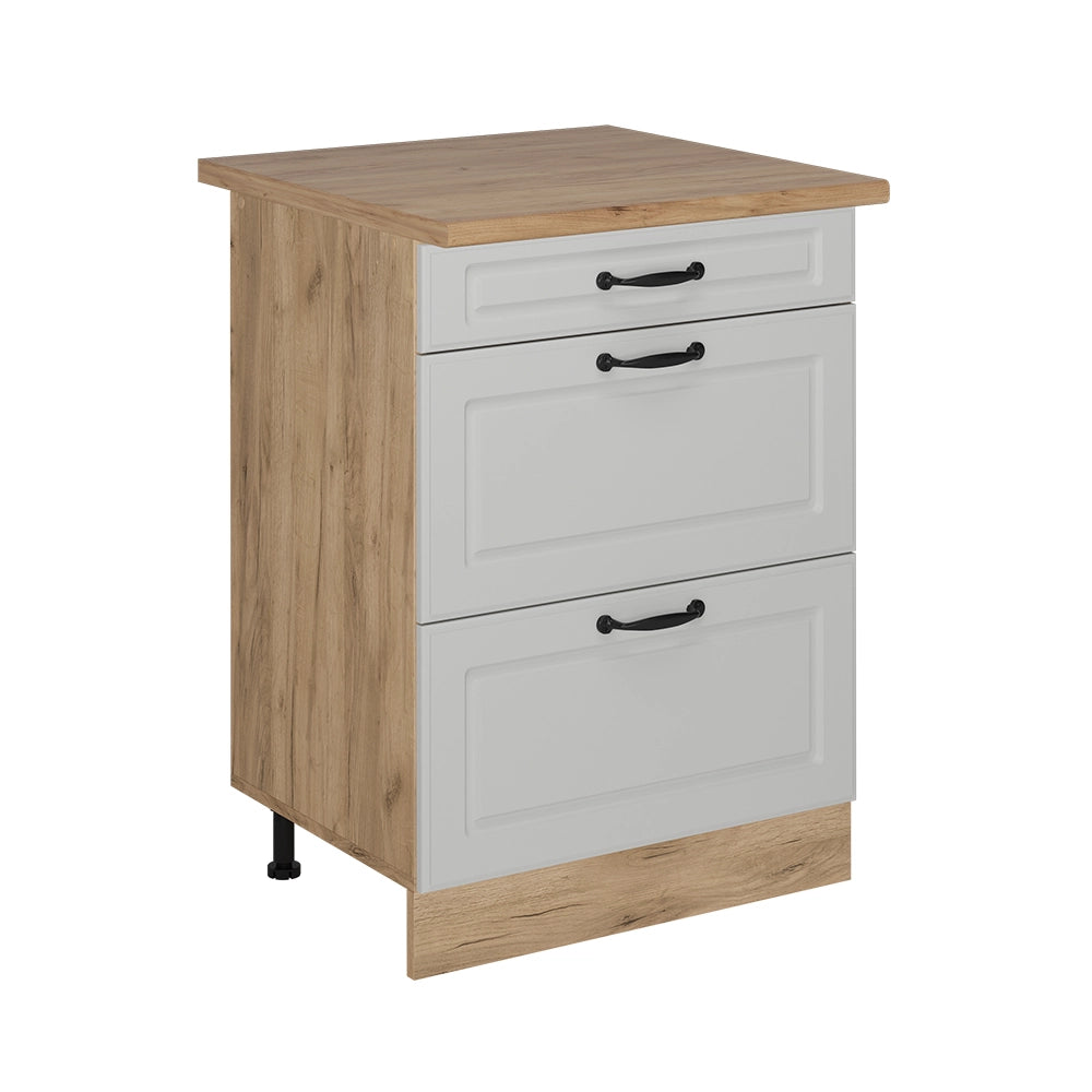 Vicco Mobiletto base per cucina Bianco casa di campagna 60 cm con cassetti, PL Rovere