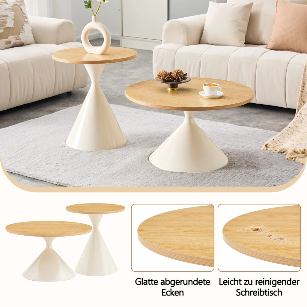 Tavolini bassi impilabili set 2 con piano in melamina effetto legno e base conica in acciaio per soggiorno