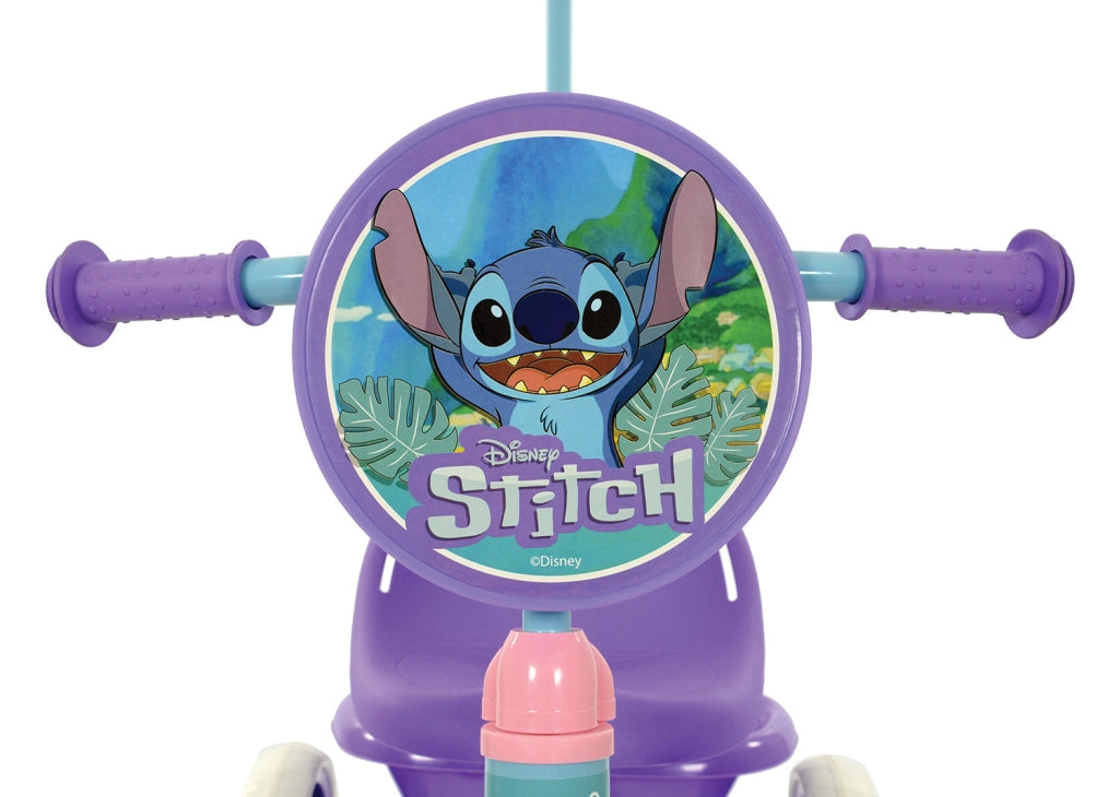 Triciclo a Pedali Primi Passi per Bambini con Maniglione Genitoriale Rimovibile e Vano Contenitore Disney Stitch Viola