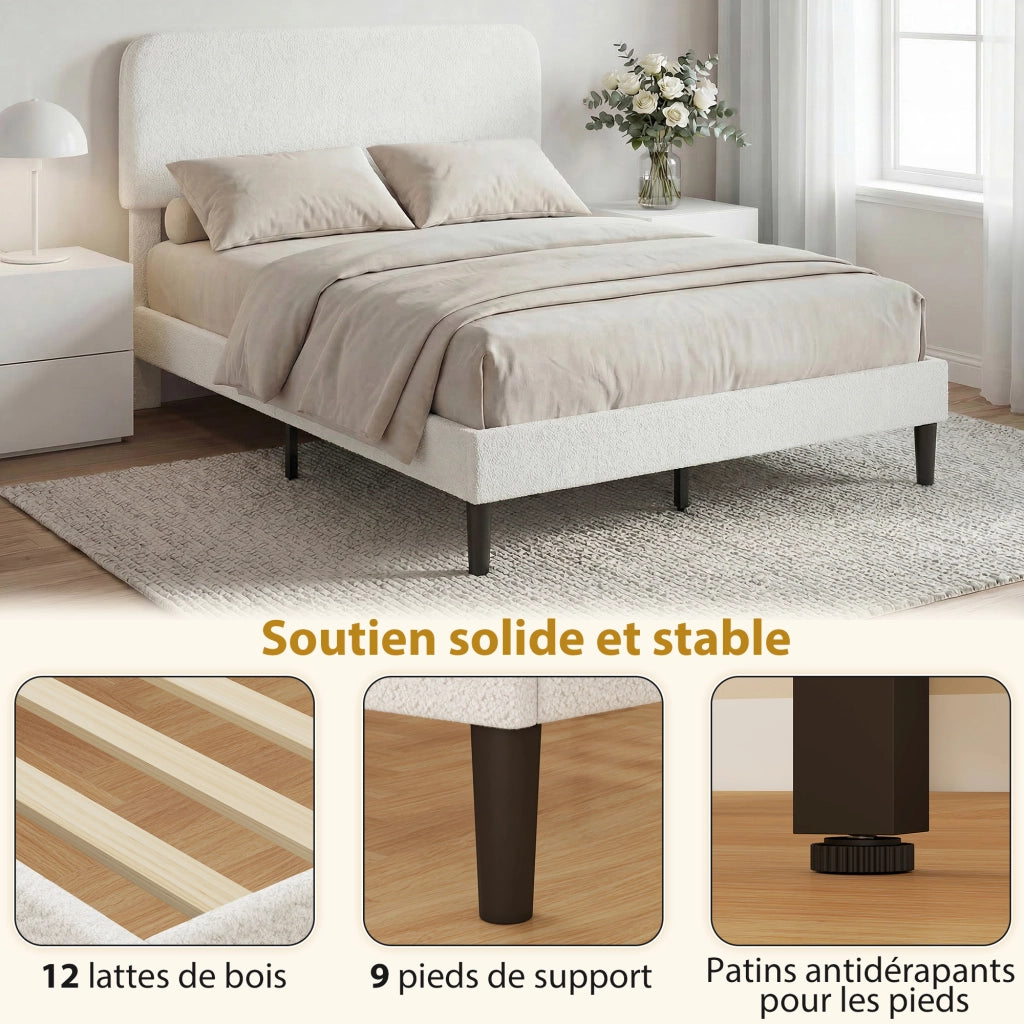 Letto matrimoniale imbottito in velluto con testiera regolabile e rete a doghe in metallo ¨C zephmum ¨C bianco 140x190