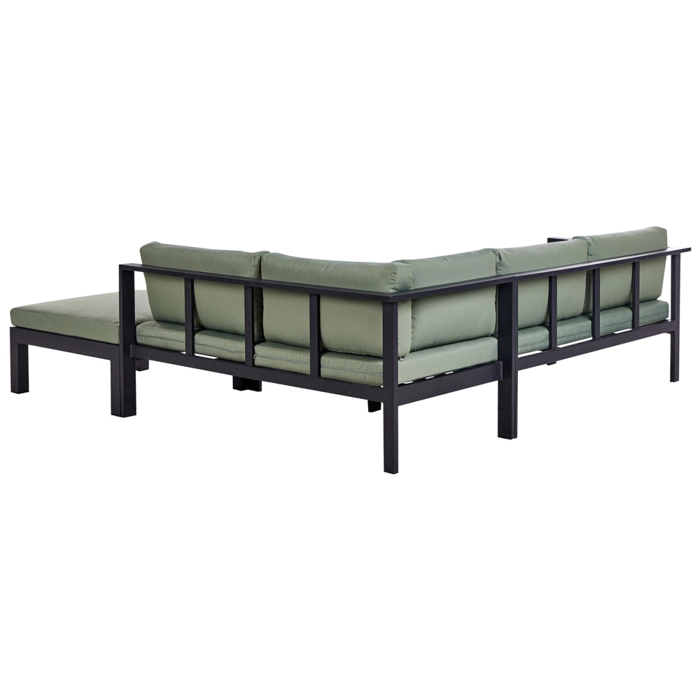 Set da giardino divano 5 posti e tavolo elevabile con struttura bianca e piano in vetro e cuscini nero e verde stile moderno scandinavo