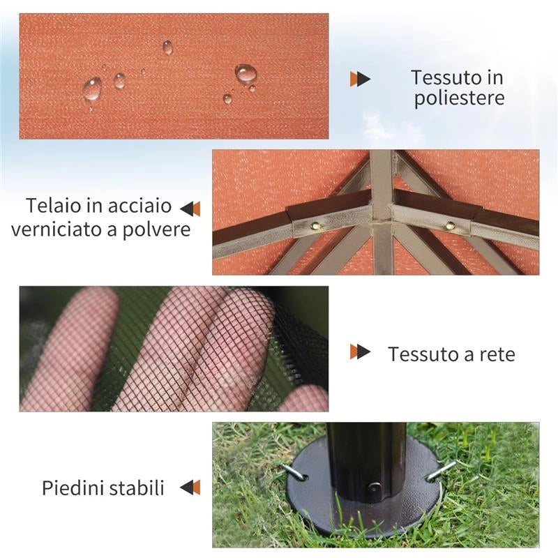 GAZEBO CON DOPPIO TETTO E ZANZARIERA IN POLIESTERE 2.9 X 3.9 M CAFFÈ