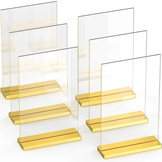 Fotodisplays acrilici in oro, A6, 6 pezzi, impressionanti display per foto, migliora l'atmosfera degli eventi con numeri da tavola in oro elegante e bordiere in oro.