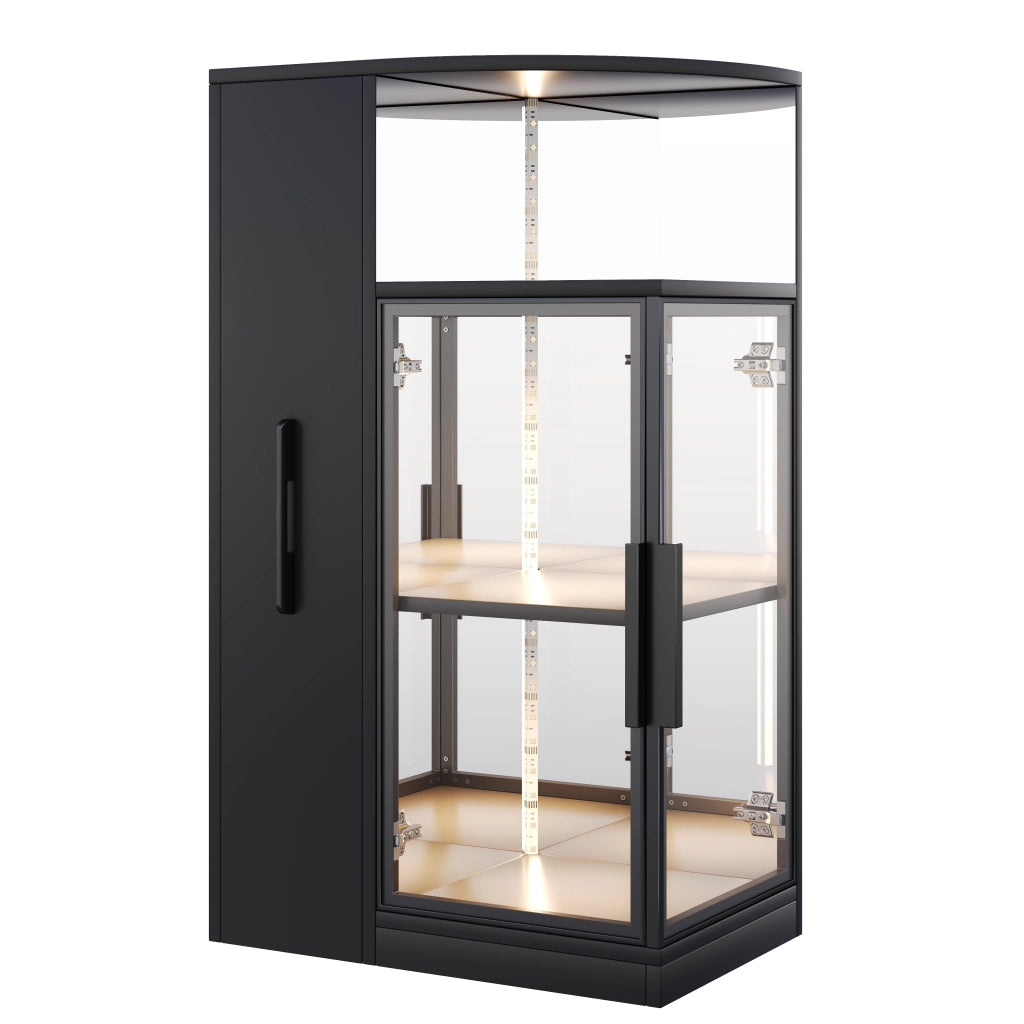 Vetrina in vetro nera con illuminazione LED e mobile laterale estraibile