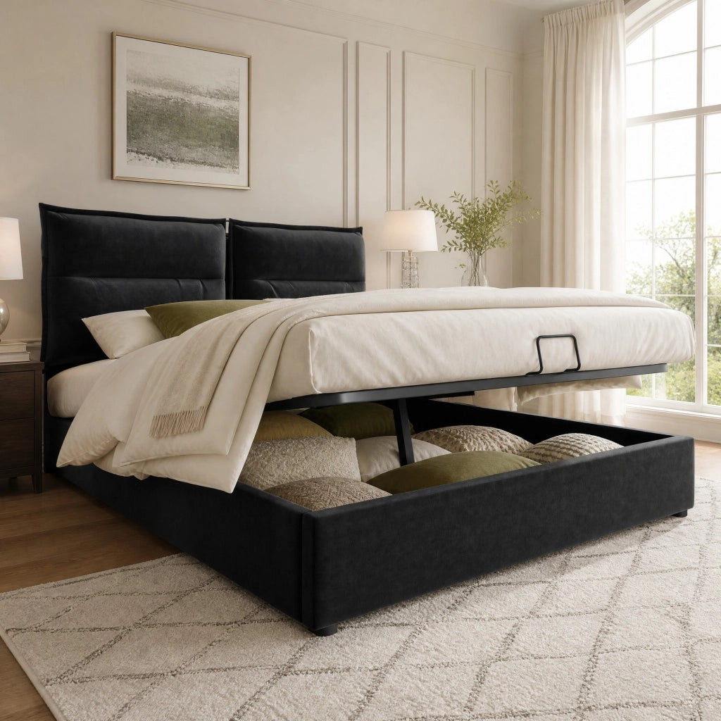 Letto matrimoniale imbottito 140x200 cm con testiera regolabile, contenitore e materasso, nero