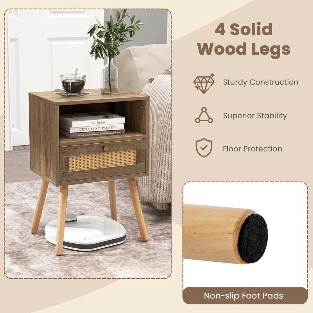 Set di 2 comodini con cassetto in rattan e ripiano aperto, tavolino con gambe in legno massello, comodino in stile boho, per camera da letto, soggiorno, 40 x 30 x 60,5 cm