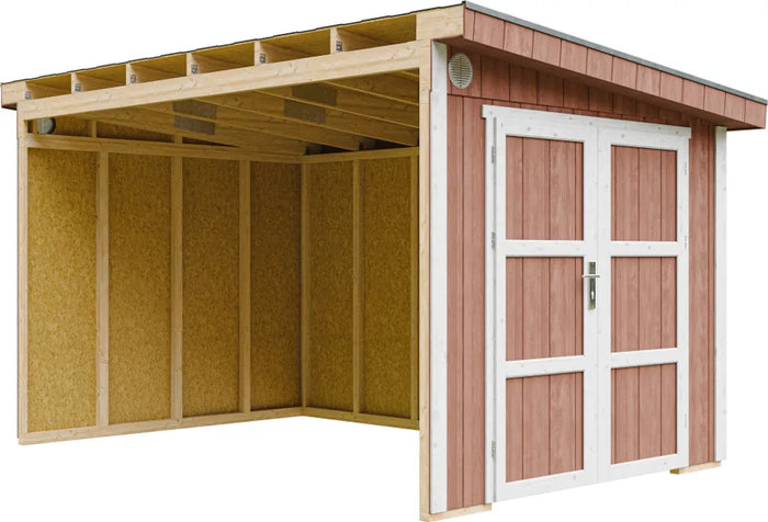 Casetta da giardino di qualità PREMIUM 8,68 mq - H231x248x412 cm - Senza pavimento e parete laterale - Timbela M939B-REDWOOD RED