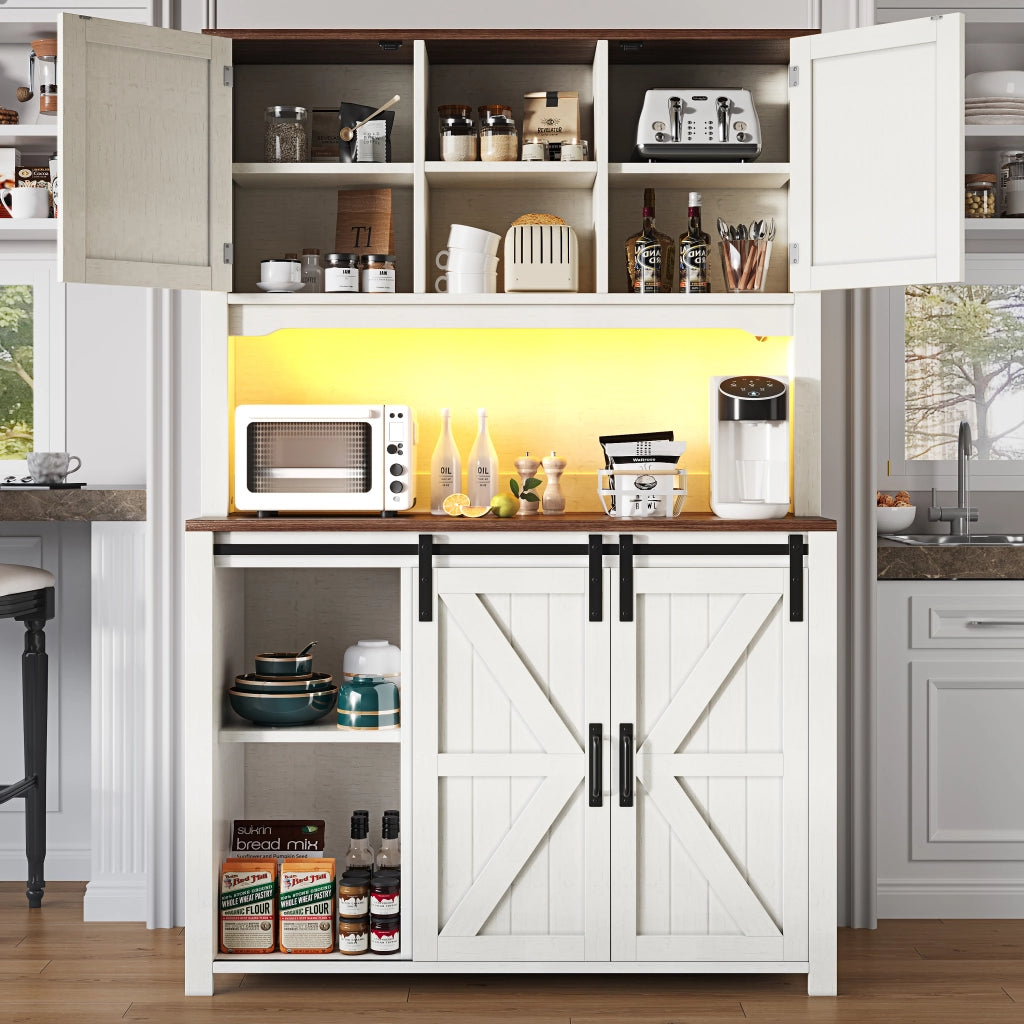 Credenza Alta da Cucina con Ante Scorrevoli; Vano Aperto; 2 Cassetti e LED; in MDF e Metallo; 115 x 40 x 174;7 cm; Bianco