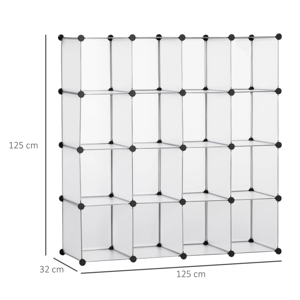 Scarpiera Modulare 125x32x125 cm 16 Cubi in Plastica e Acciaio Trasparente