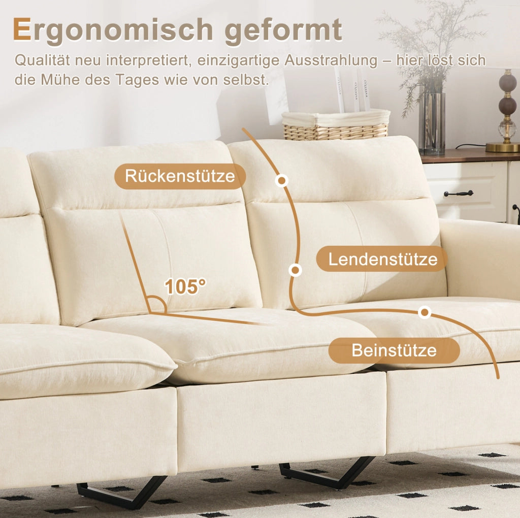 Divano modulare a U con 2 pouf contenitore; 261 cm; in chenille beige