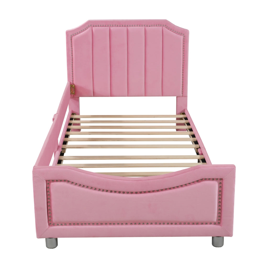 Letto per bambini 90×200 cm letto singolo con schienale; braccioli e doghe in legno; senza materasso; rosa