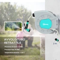 Avvolgitubo Automatico a Parete e Portatile Lunghezza 30+2 m, Sistema di Blocco e 7 Getti, Verde