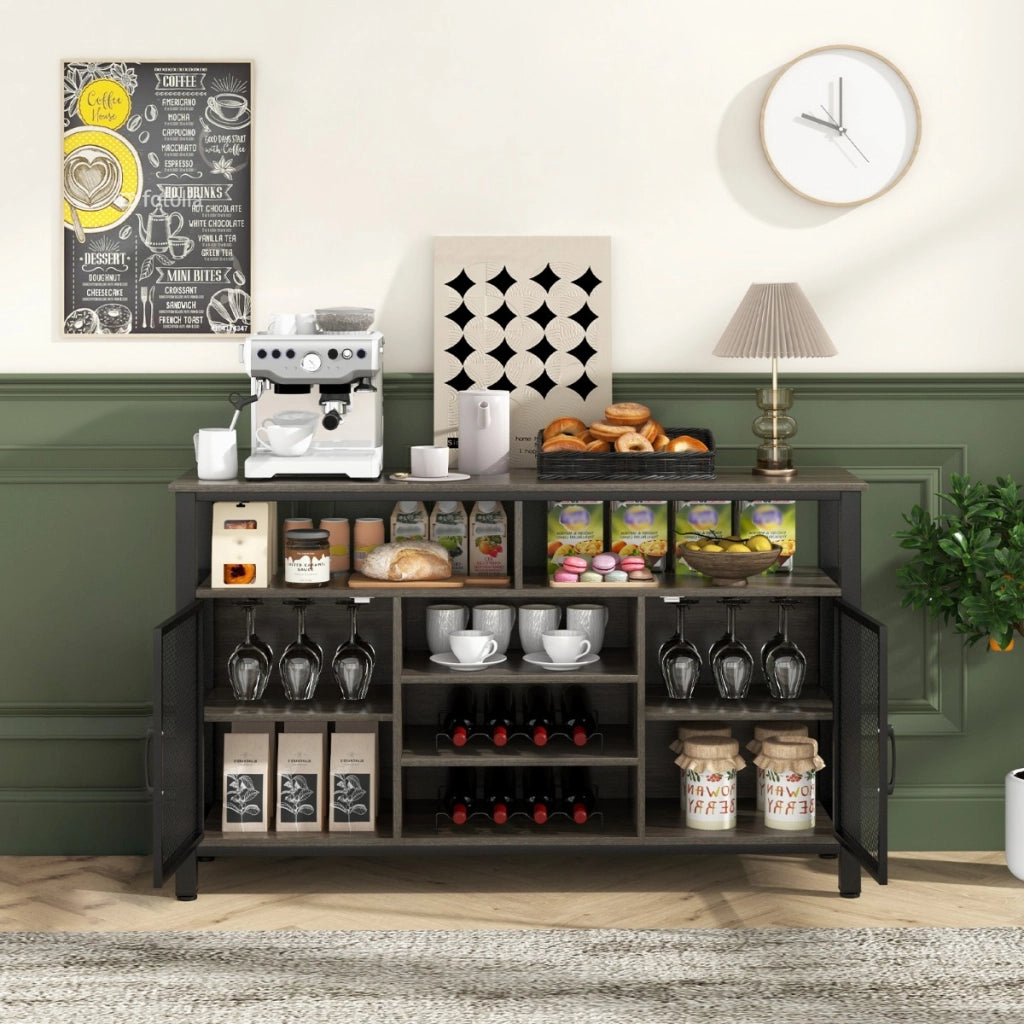 Credenza per vino da 140cm con portabottiglie per 8 bottiglie-Mobiletto per caff¨¨ con porte in rete metallica Grigio