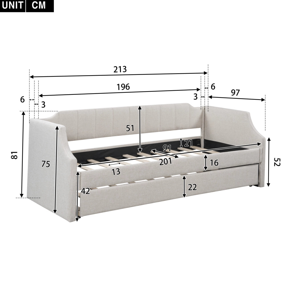 Letto daybed imbottito con letto estraibile, beige, 90 x 200 cm
