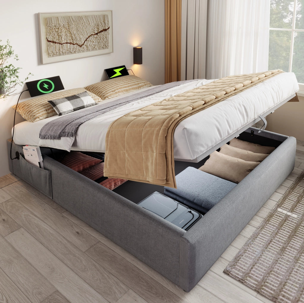 Letto contenitore 160x200 cm con USB e Type-C, grigio