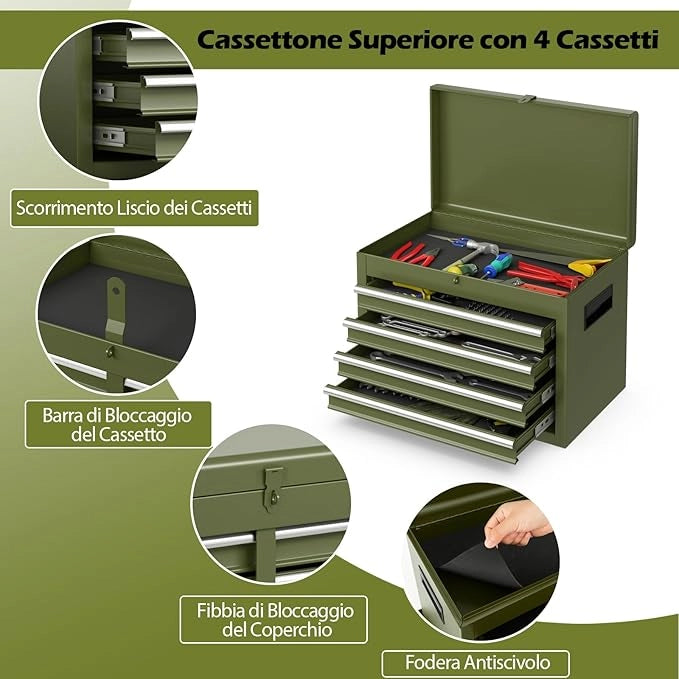 Cassettiera Portautensili a 4 Cassetti, Carrello per Attrezzi con Ruote Bloccabili Ripiano Regolabile e Rivestimento Antiscivolo, 59 x 28 x 102 cm (Verde Oliva)