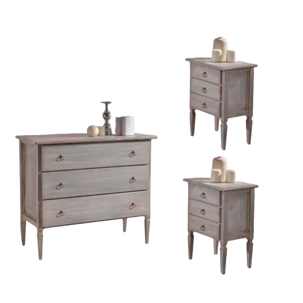 Set 1 como' e 2 comodini in legno laccato grigio finitura cerato - Mobili 2G