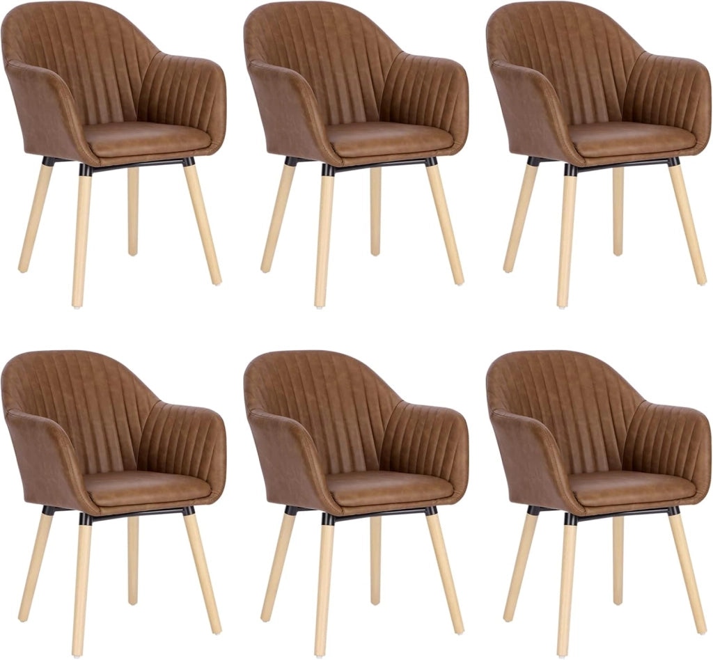 Set di 6 Sedie per Sala da Pranzo con Schienale Braccioli Poltrona Imbottita Gambe in Legno Seduta in Similpelle, Marrone, BH336br-6