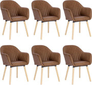 Set di 6 Sedie per Sala da Pranzo con Schienale Braccioli Poltrona Imbottita Gambe in Legno Seduta in Similpelle, Marrone, BH336br-6