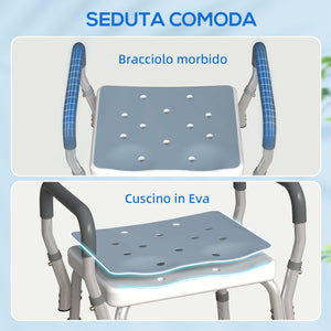 Sgabello per Doccia Regolabile 52x45x57-69 cm con Braccioli e Fori di Drenaggio in Alluminio HDPE e EVA Blu