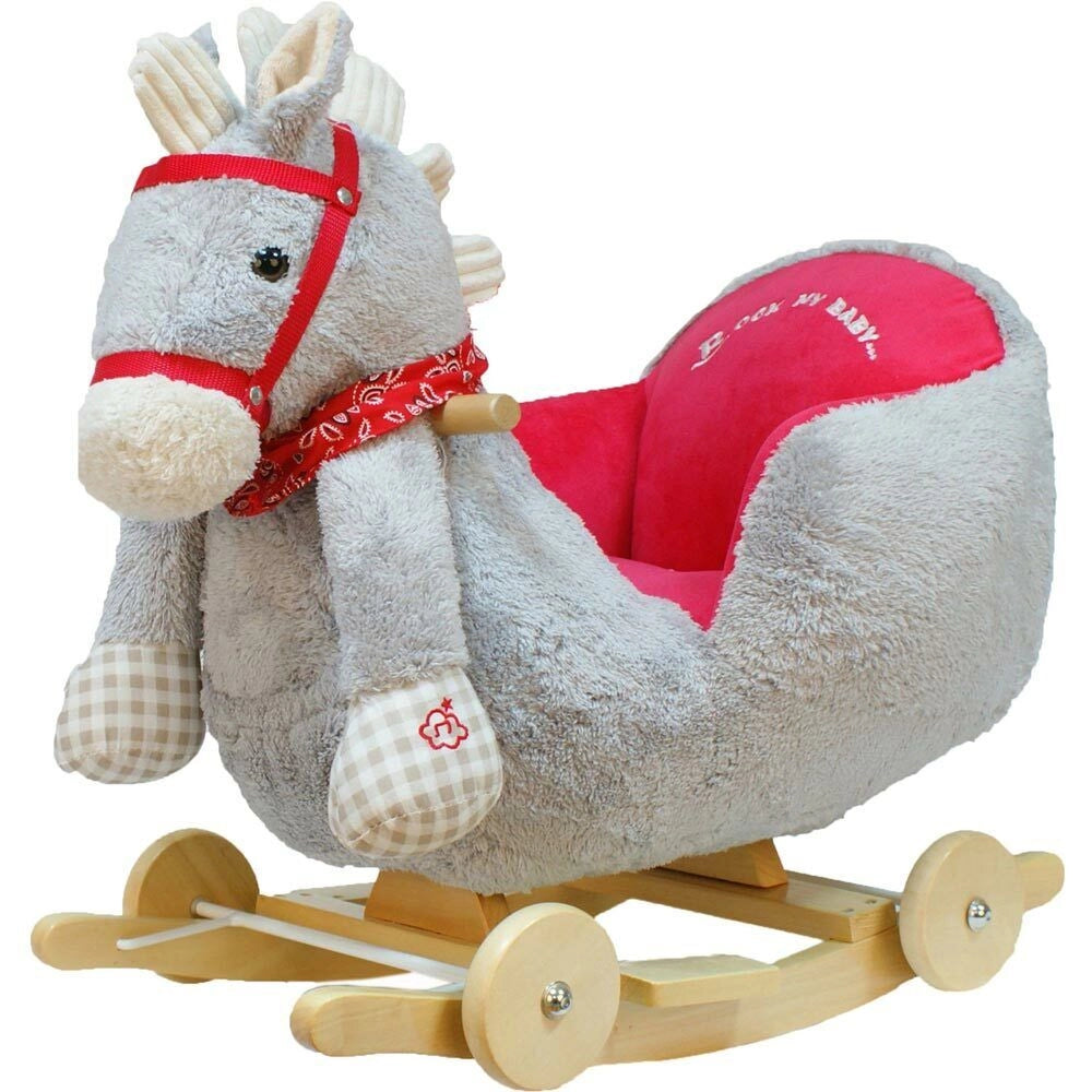 Cavallo a Dondolo in Legno con Ruote e Suoni Poni Cavalluccio Poltroncina Grigio