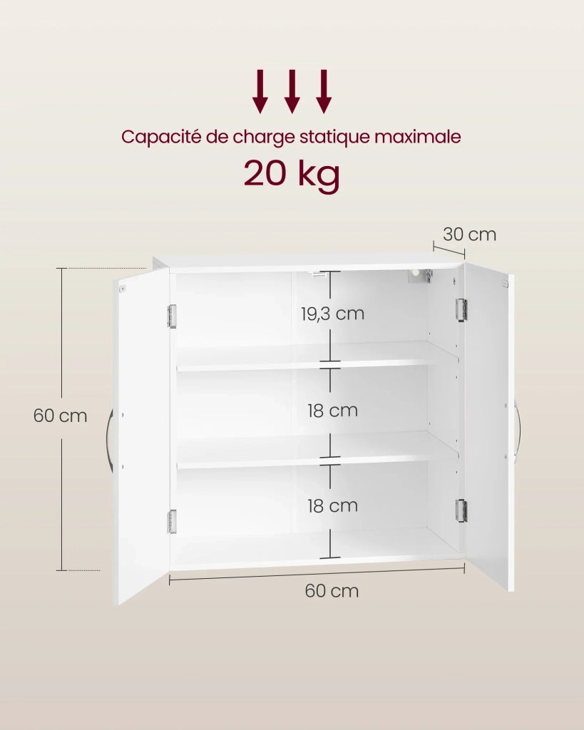 Mobiletto pensile per bagno con 2 ante e 2 ripiani regolabili 60 x 18 x 60 cm stile scandinavo bianco opaco 12_0006494