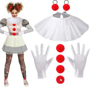 Costume da Clown - Inclusa camicia da clown con ruches - Manopole da clown - Piume rosse - Adatto per adulti/bambini - Materiale ecologico - Abito da clown