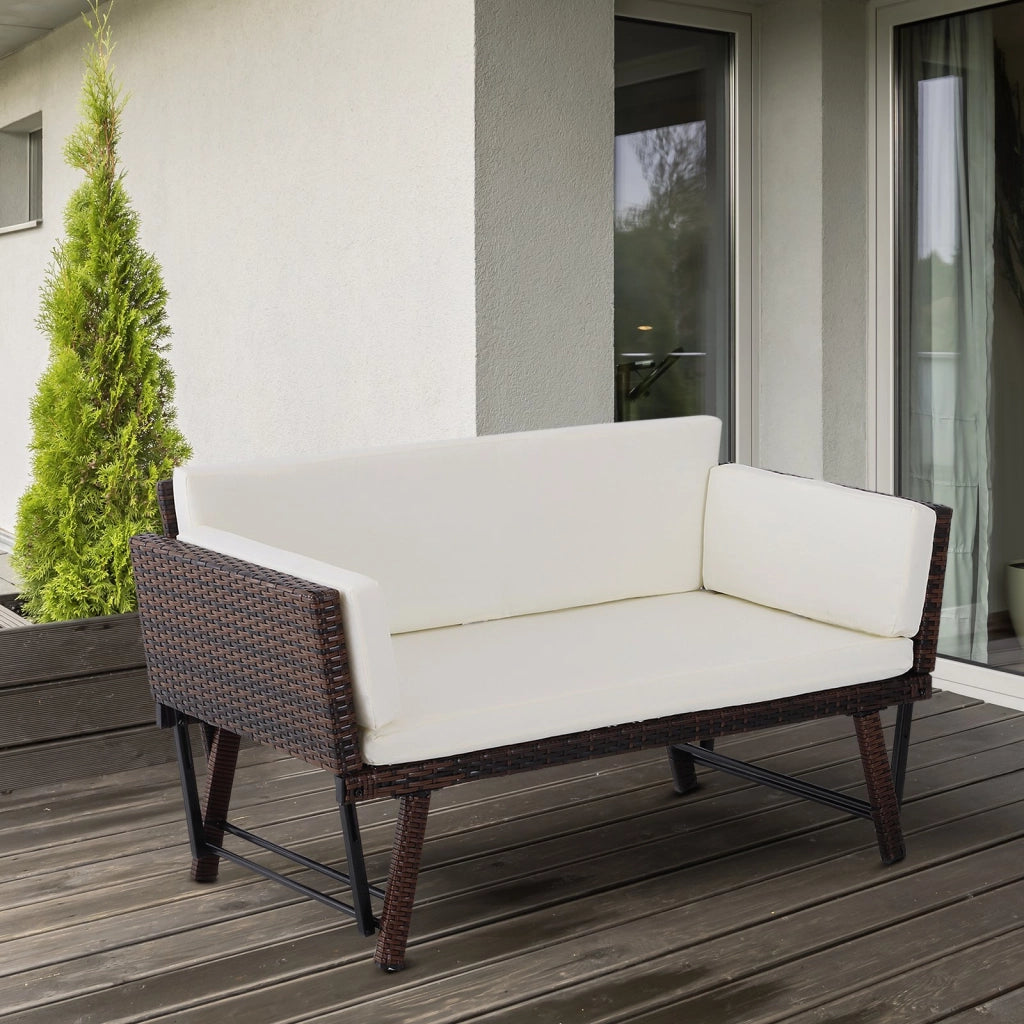 EasyComfort Divano 2 Posti con Braccioli Estensibili da Giardino Rattan 129x63x67cm Bianco, Marrone