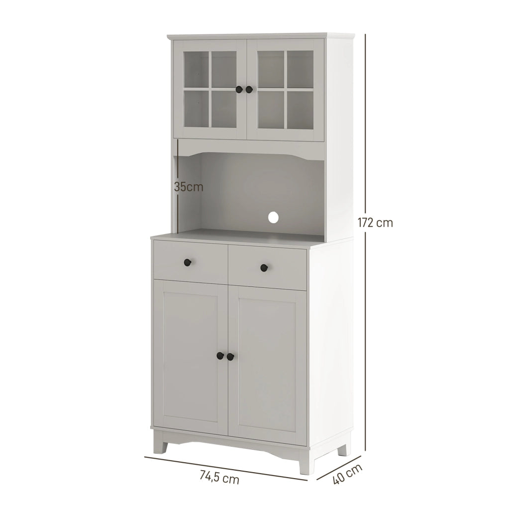 Mobile alto da cucina con ripiano per microonde; 2 armadietti e 2 cassetti; bianco
