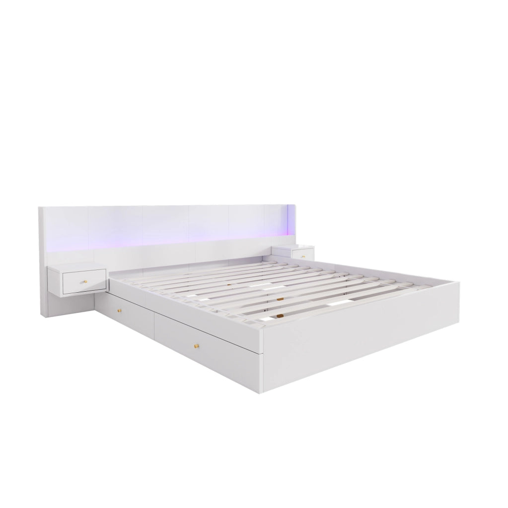 Letto matrimoniale 180x200 cm in MDF bianco con USB; LED APP; 2 comodini e cassetti