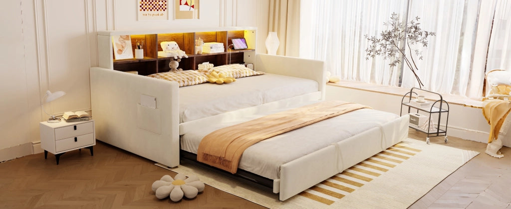 Letto pieghevole imbottito con LED e USB 90x190 cm velluto beige