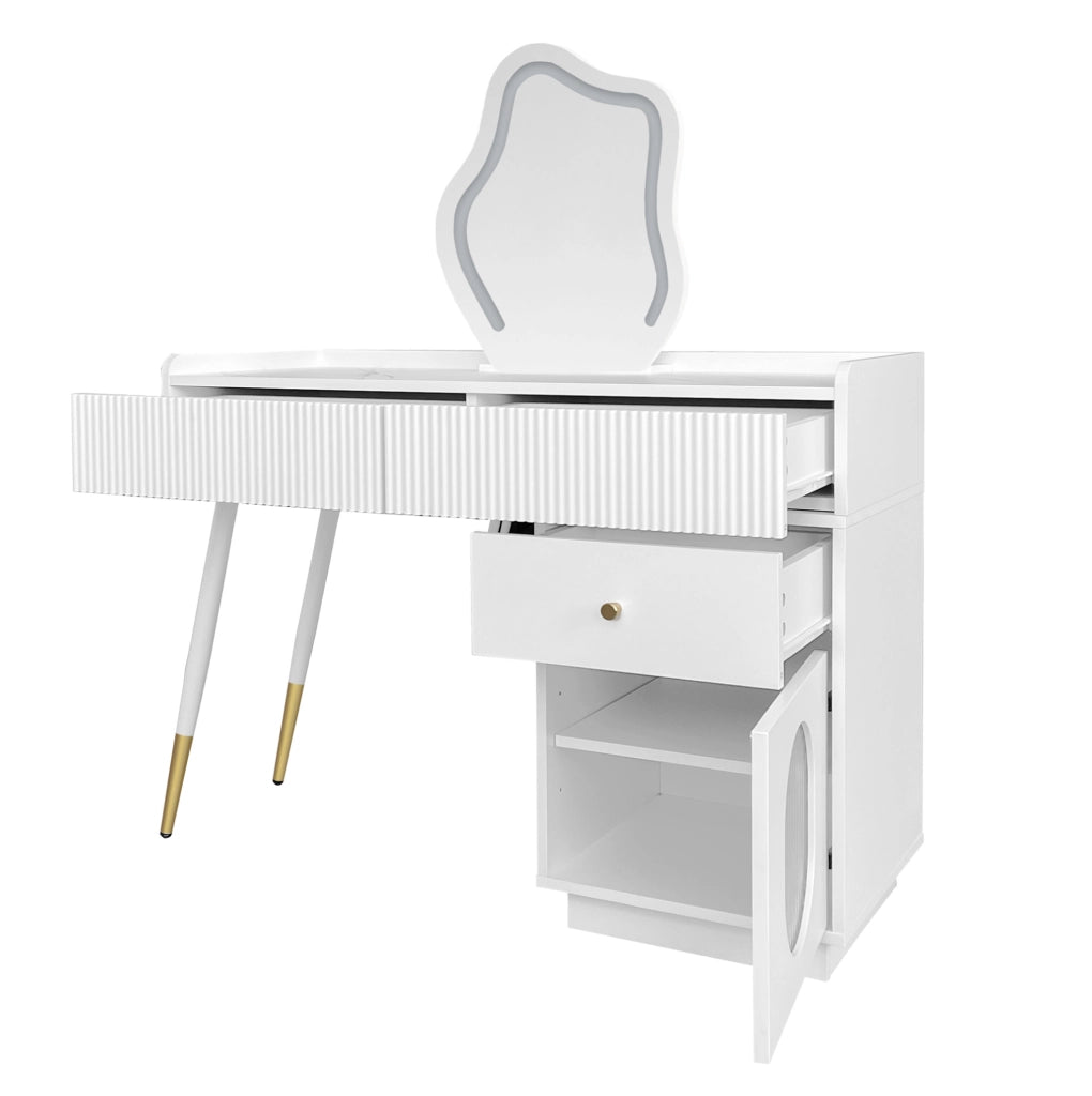Toeletta ULEVR 100x40x75 cm con specchio LED touch a 3 livelli, 2 cassetti e mobile laterale, bianca