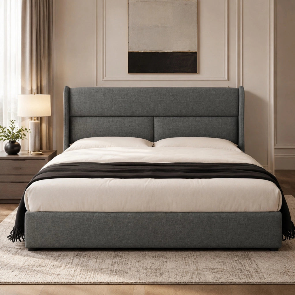 Letto imbottito matrimoniale 140x200 cm con testiera regolabile, contenitore idraulico, grigio