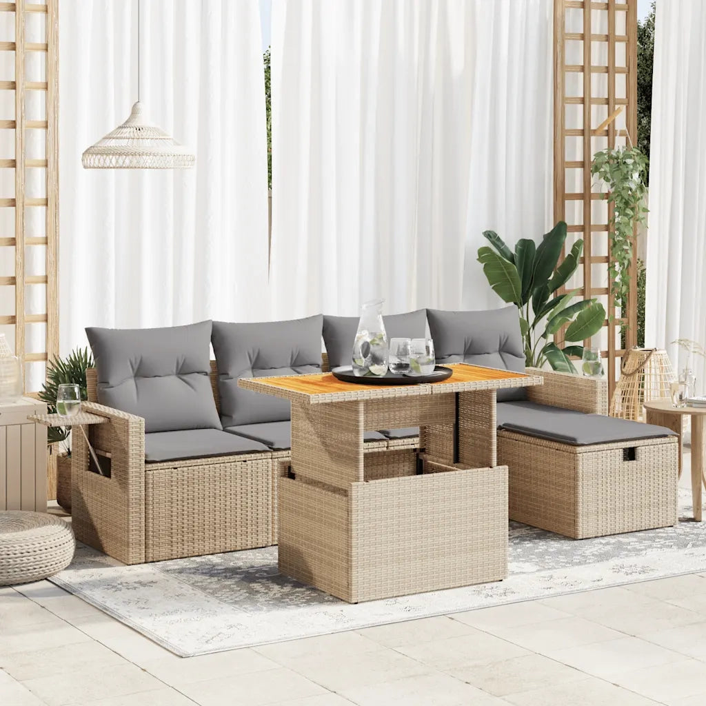 Set Divano da Giardino 6 pz con Cuscini Beige Polyrattan Acacia 3328025