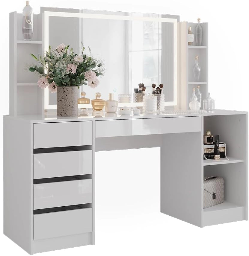 Tavolo da toeletta Sherry, Bianco/bianco lucido, 158.2 cm 4 parti