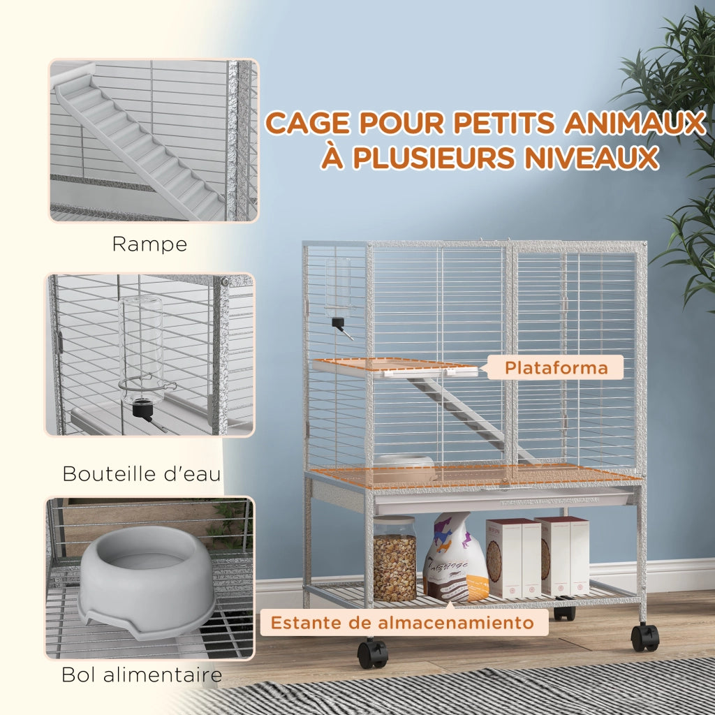 Gabbia per piccoli animali 2 livelli con ruote ¨C zephmum ¨C grigio 61.5x44.5x86 cm
