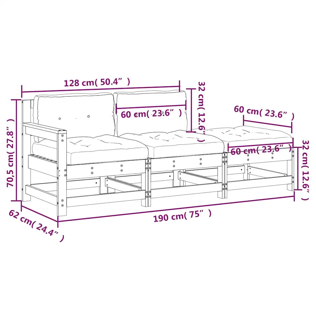 Salotto da Giardino-Set Divani da Giardino 3pz con Cuscini in Legno Massello Grigio