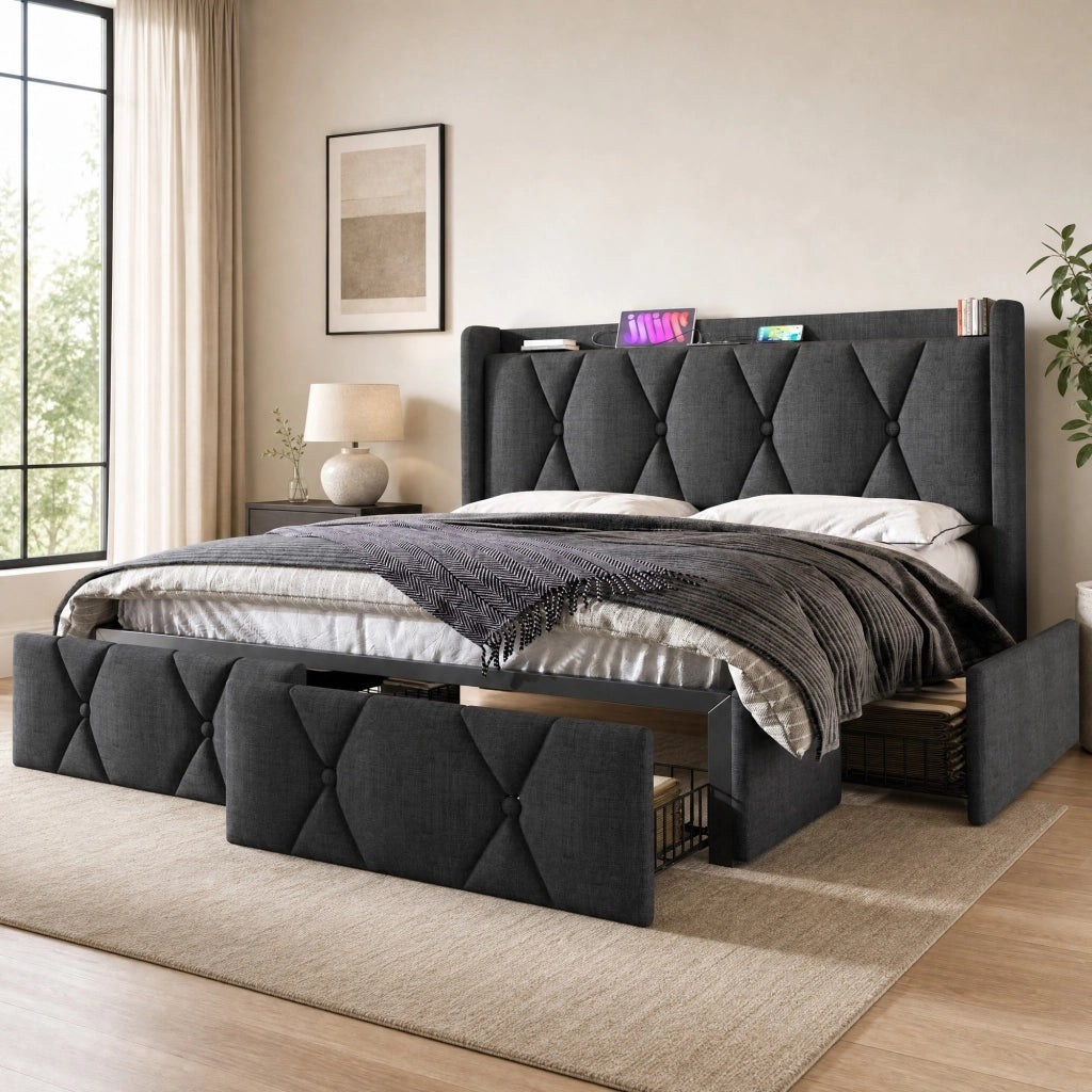 Letto matrimoniale 140x200 cm con 4 cassetti e ricarica USB