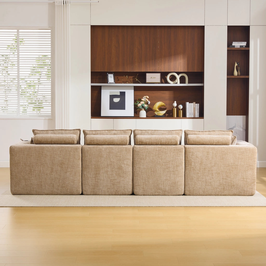 Divano modulare 4 posti con tasche laterali, cuscini e anima a molle, in ciniglia khaki per soggiorno 322 × 161 × 75 cm