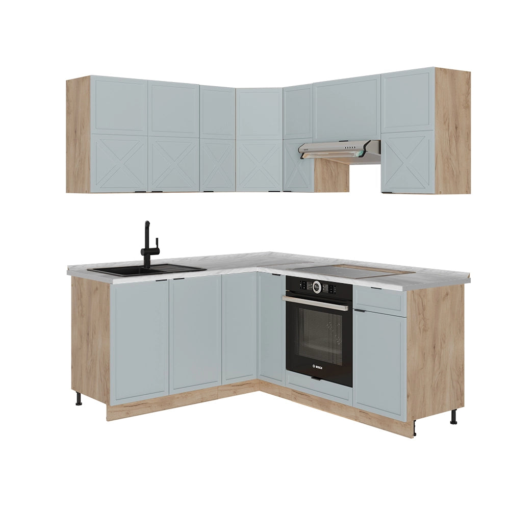 Cucina angolare completa Fame-Line Blu-grigio chiaro/Rovere dorato 190 x 60 cm, PL Marmo Vicco
