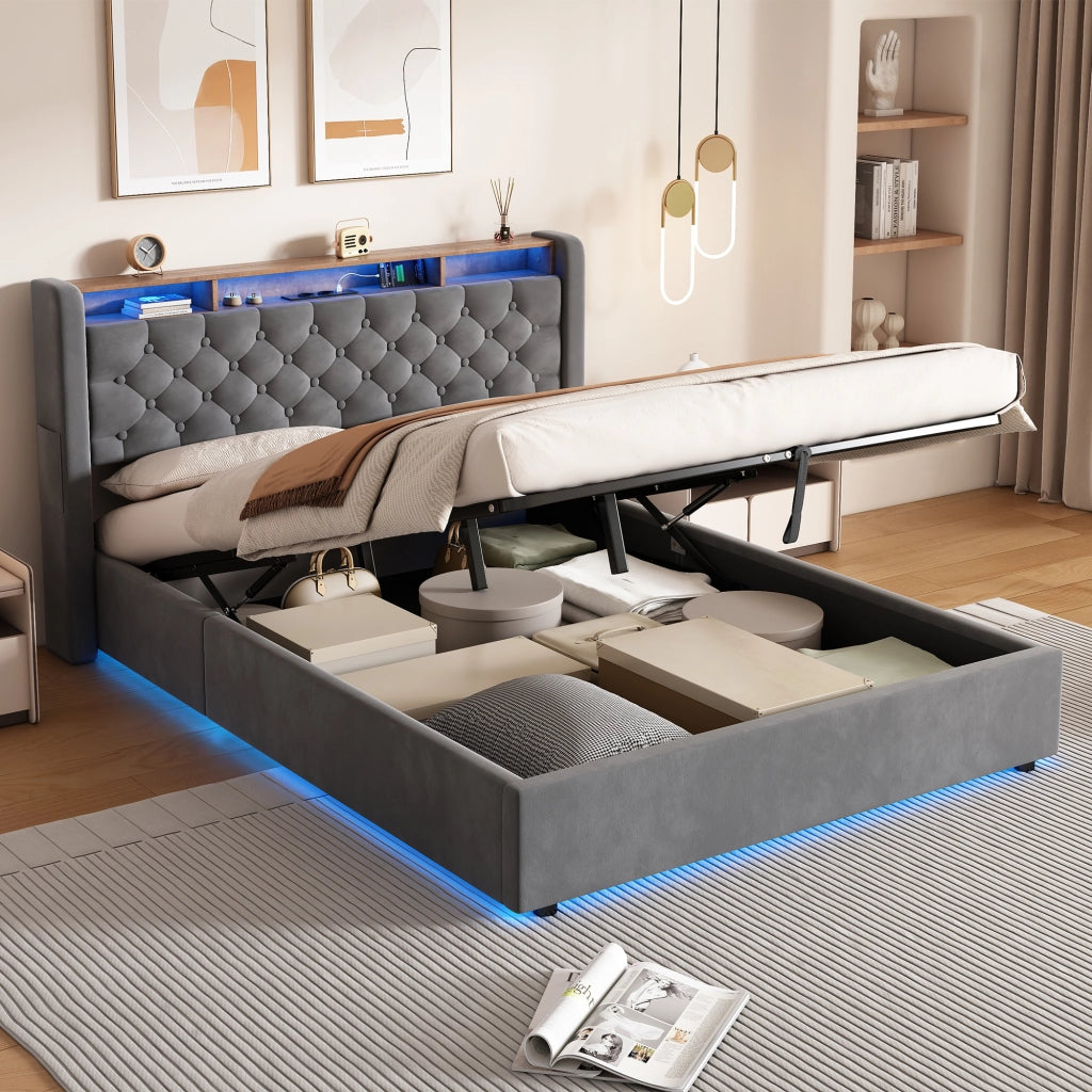 LETTO Imbottito 140 x 200 cm in Velluto Grigio con LED, USB e Contenitore
